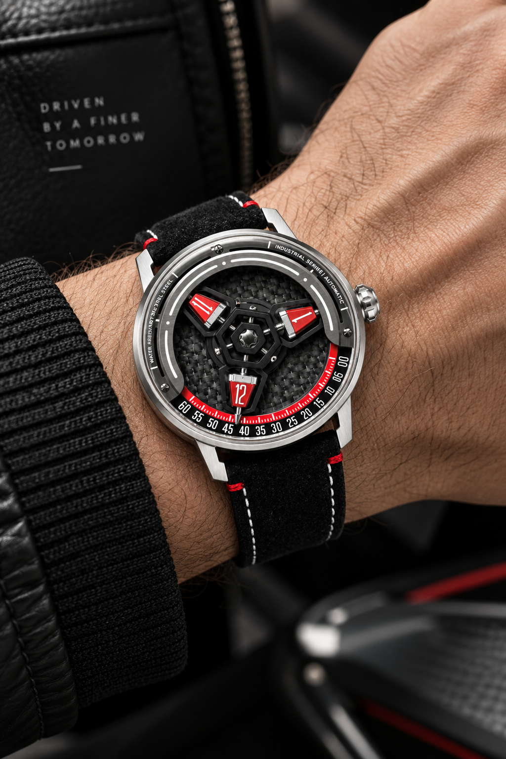 Luxury Carbon Steel Red Accent Skeleton Automatic Watch