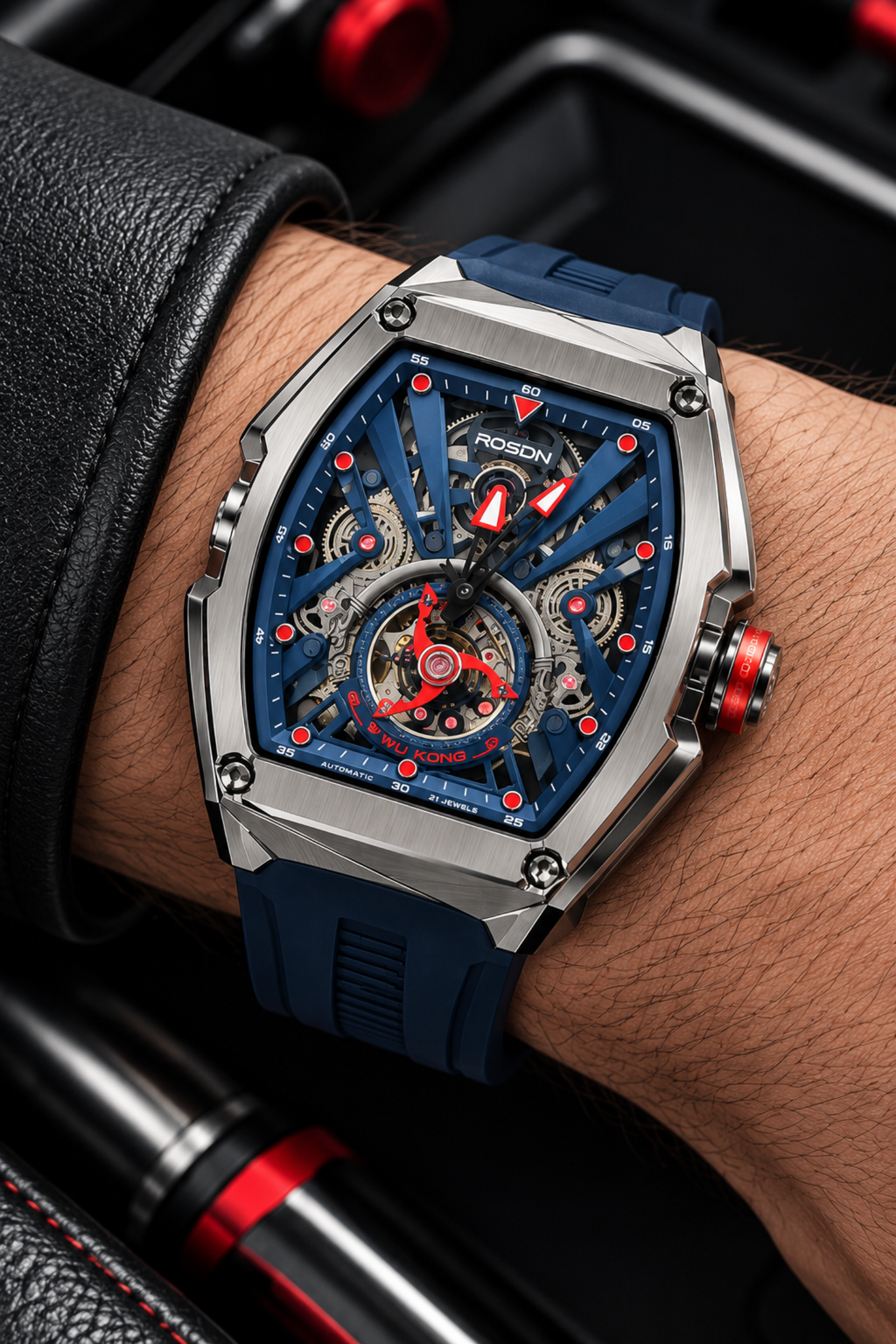 ROSDN Kong Red‑Blue Skeleton Automatic Watch