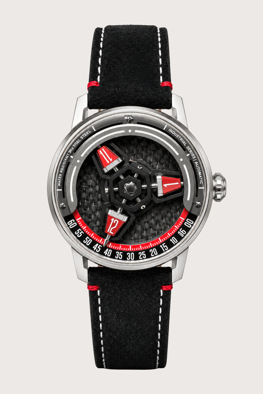 Luxury Carbon Steel Red Accent Skeleton Automatic Watch