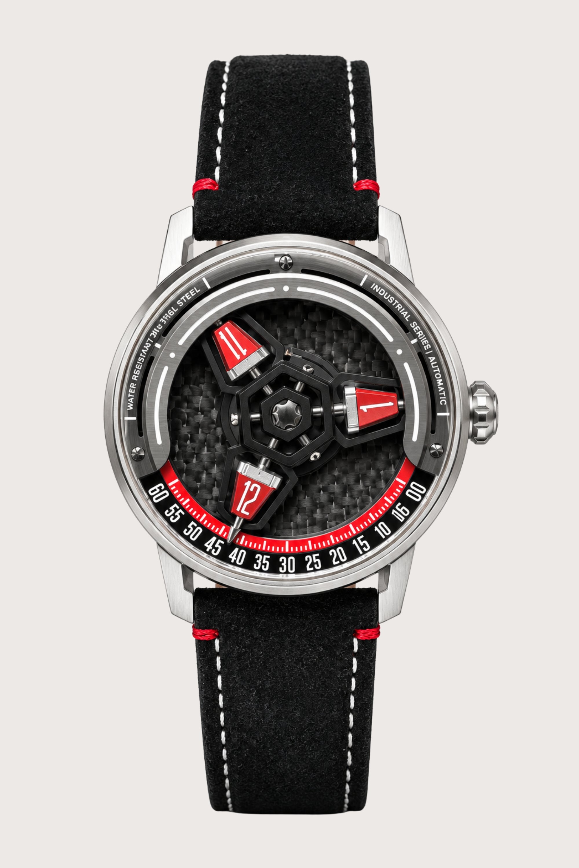 Luxury Carbon Steel Red Accent Skeleton Automatic Watch