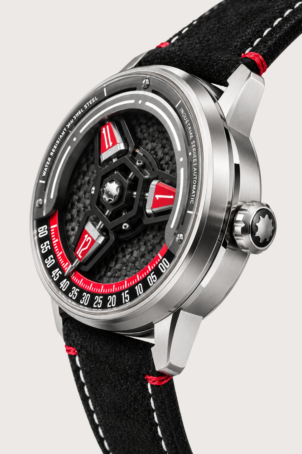 Luxury Carbon Steel Red Accent Skeleton Automatic Watch